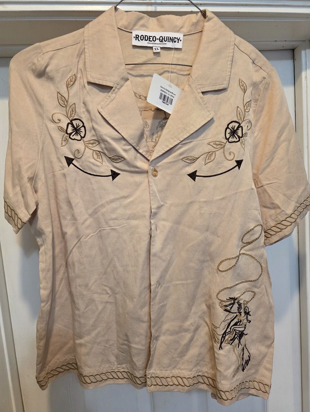 NWT Rodeo Quincy Short-Sleeve Embroidered Camp Shirt Beige XXL